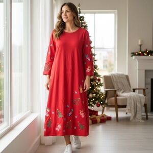 Michael Simon Lite Red Christmas Maxi Dress Vintage 90s Ornaments Trees XL